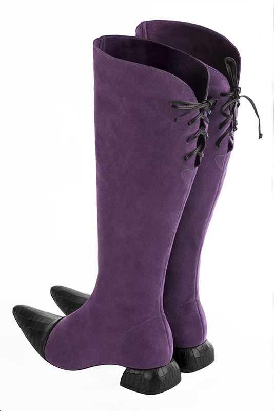 Satin black and amethyst purple women's knee-high boots, with laces at the back. Tapered toe. Low flare heels. Made to measure. Rear view - Florence KOOIJMAN